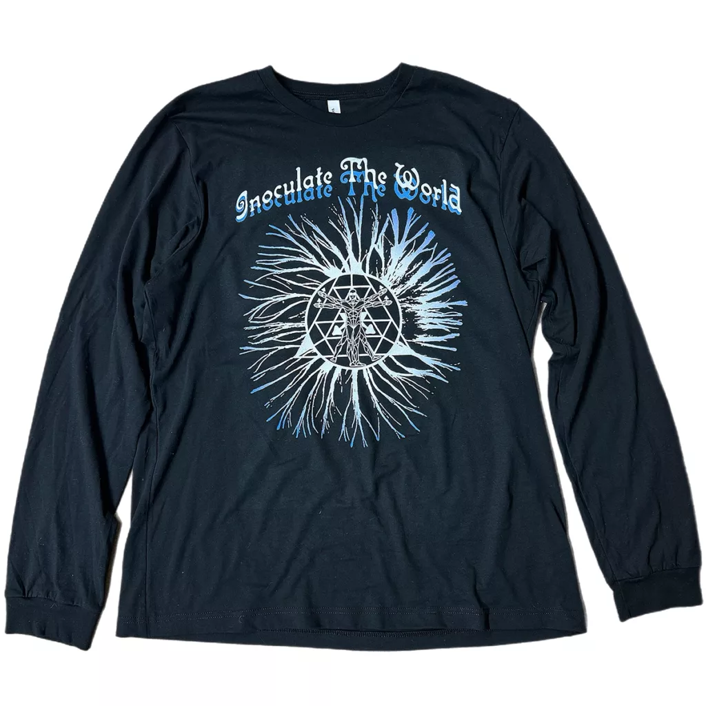 Black TShirt with blue and White font reading InoculateTheWorld