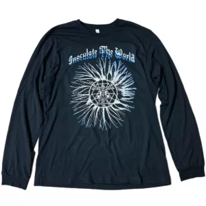 Black TShirt with blue and White font reading InoculateTheWorld
