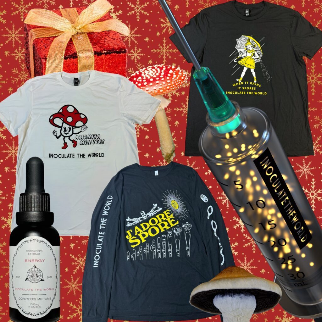 Collage of InoculateTheWorld products including shirts, tincture bottles, and spore syringes