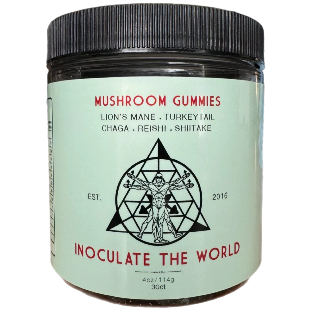 green container mushroom gummies inoculatetheworld