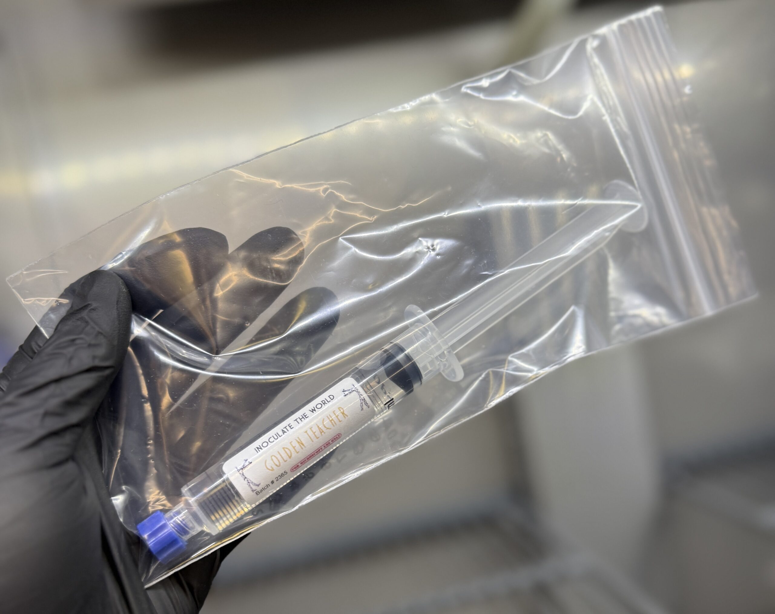 custom-text-image spore syringe stored in plastic bag