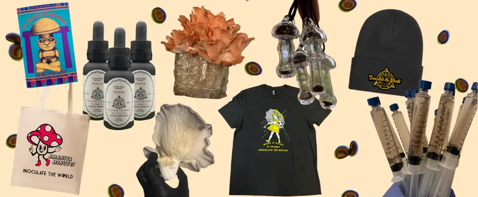 A variety of ITW items such as tote bags, spores, and books against a cream background.