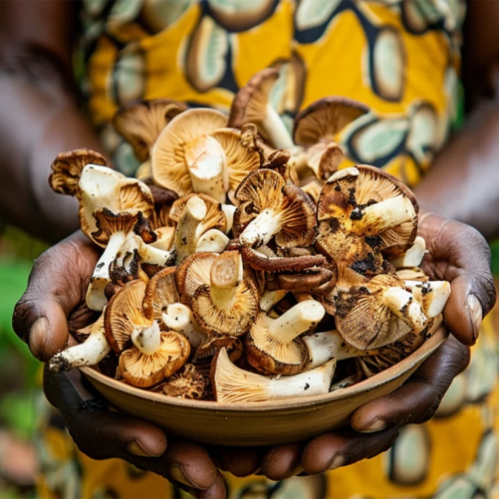 A bowl of cultivated mushrooms in the outstretched hands of a woman