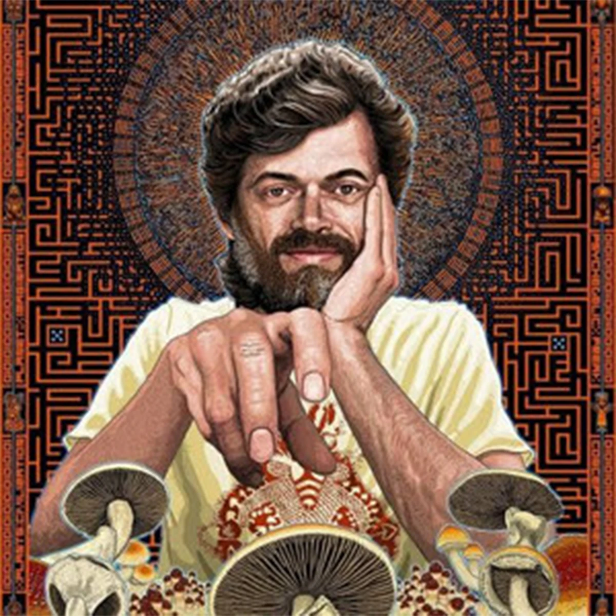 Terence McKenna in an array of mushrooms