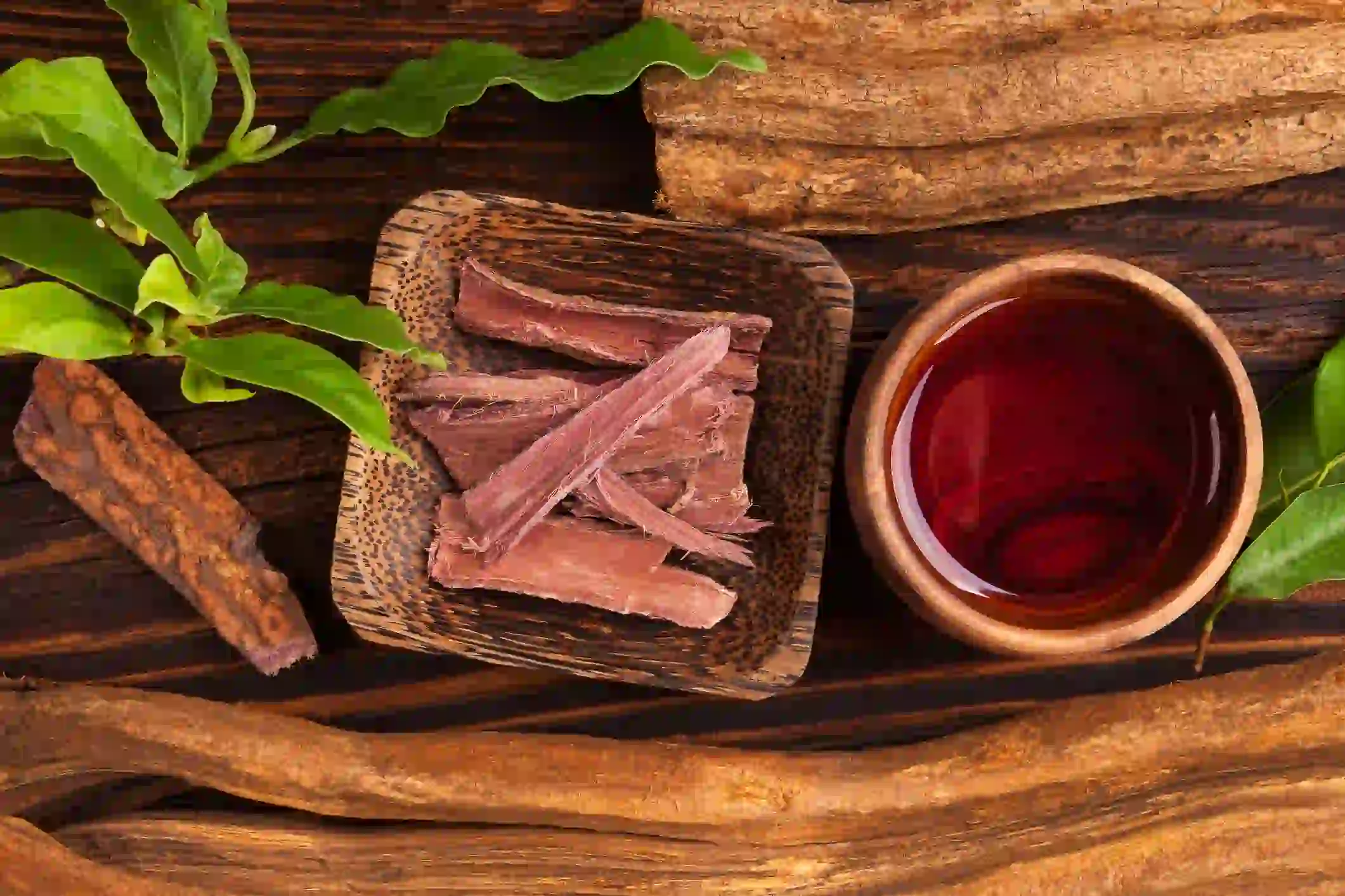 Green leaves, pink bark, and red liquid against a wood backdrop
