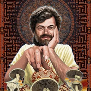 Terence McKenna in an array of mushrooms