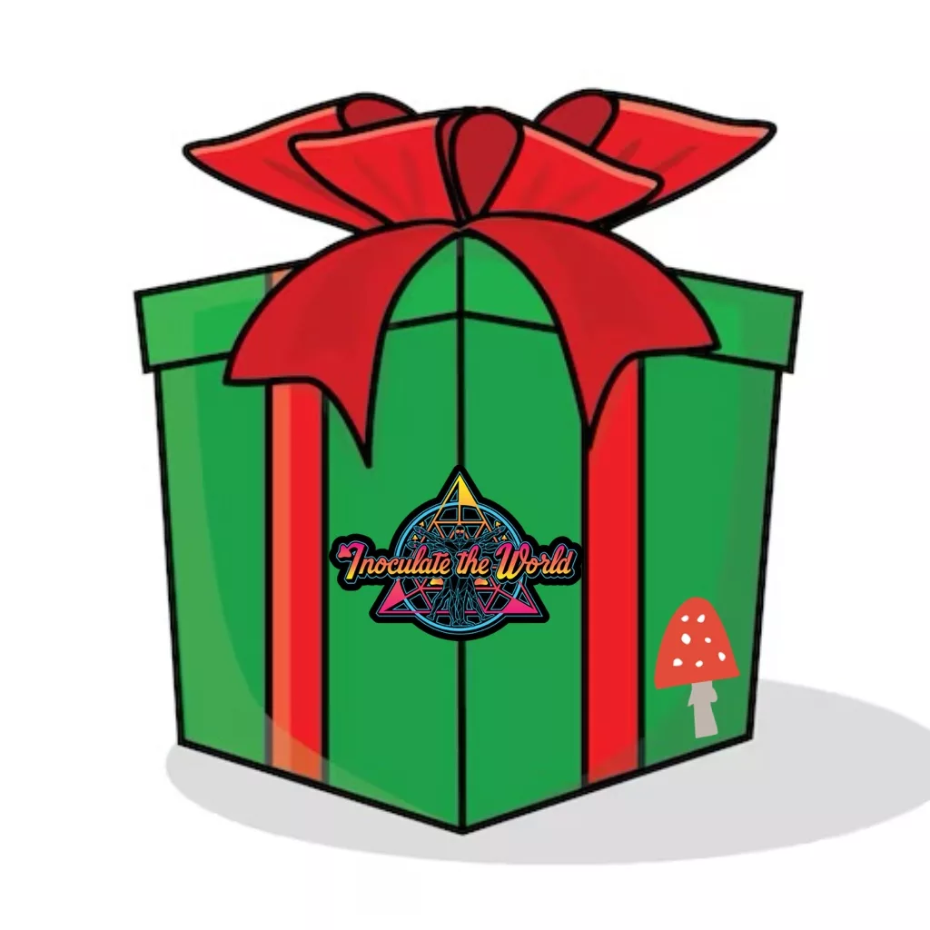 ITW sant'as mystery box green christmas present with inoculatetheworld logo